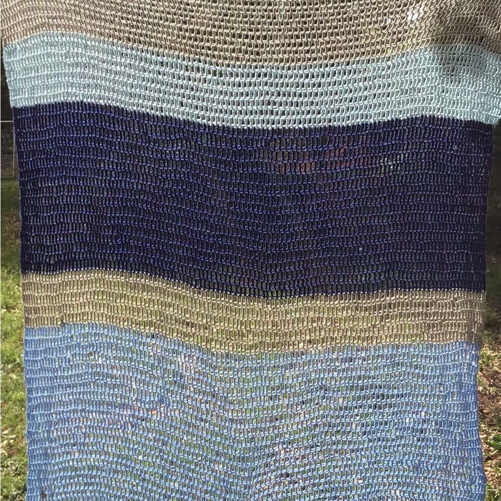 100% Wool Throw Blanket Hand Crocheted Blue Brown Striped Comfy Loose Knit 59x65